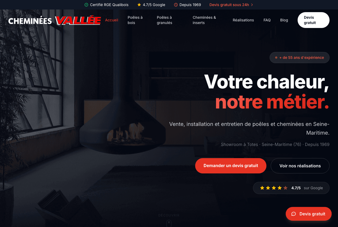 Site sur-mesure réalisé pour Cheminées Vallée